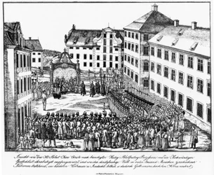 Weingarten, Klosterhof, Empfang der Heilig-Blut-Reliquie durch die Geistlichkeit nach der Heilig-Blut-Prozession, Anfang 1840er Jahre